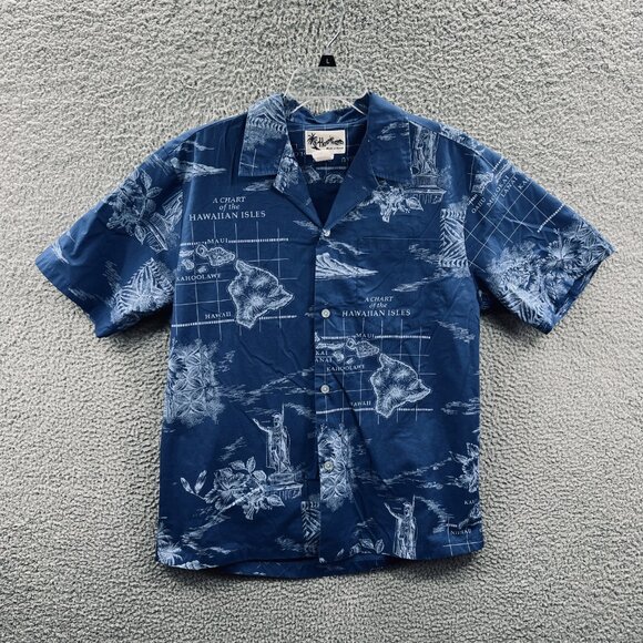 Howie Men Hawaiian Shirt Medium Blue White Islands Aloha Button Front Pocket 80s - Picture 1 of 10